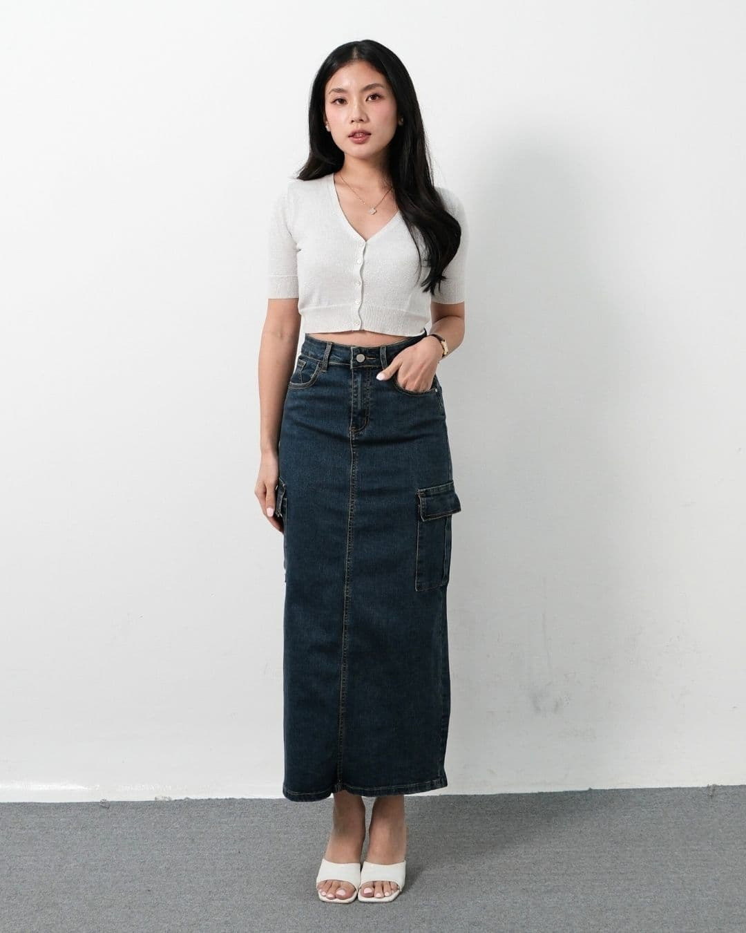 Zegestha Long Cargo Denim Skirt