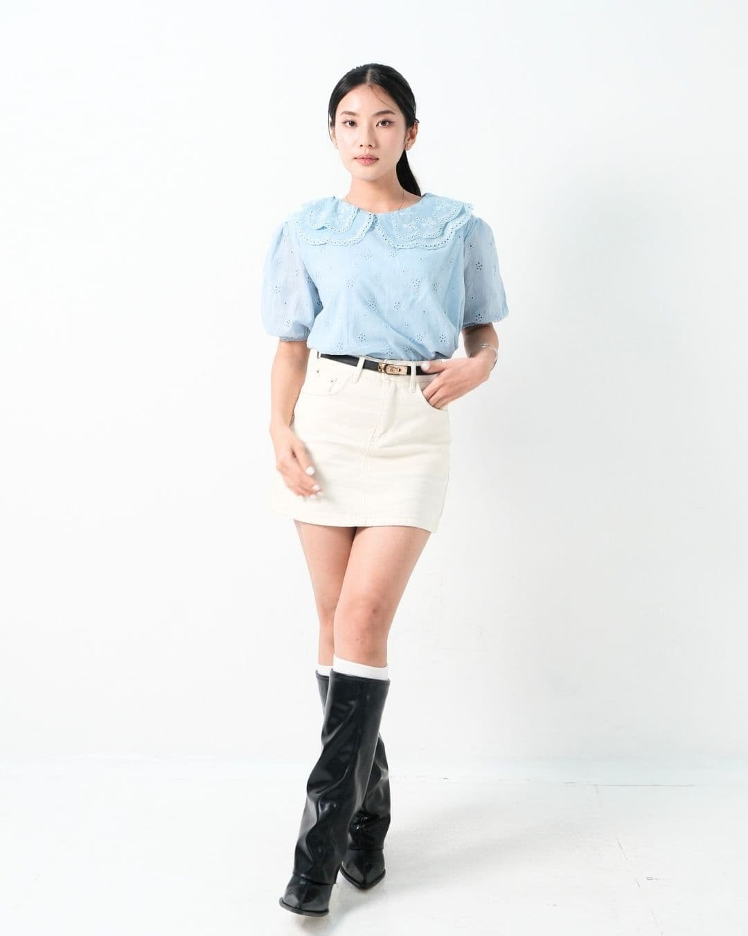 Oliviera Short Sleeve Cotton Lace Collar Top