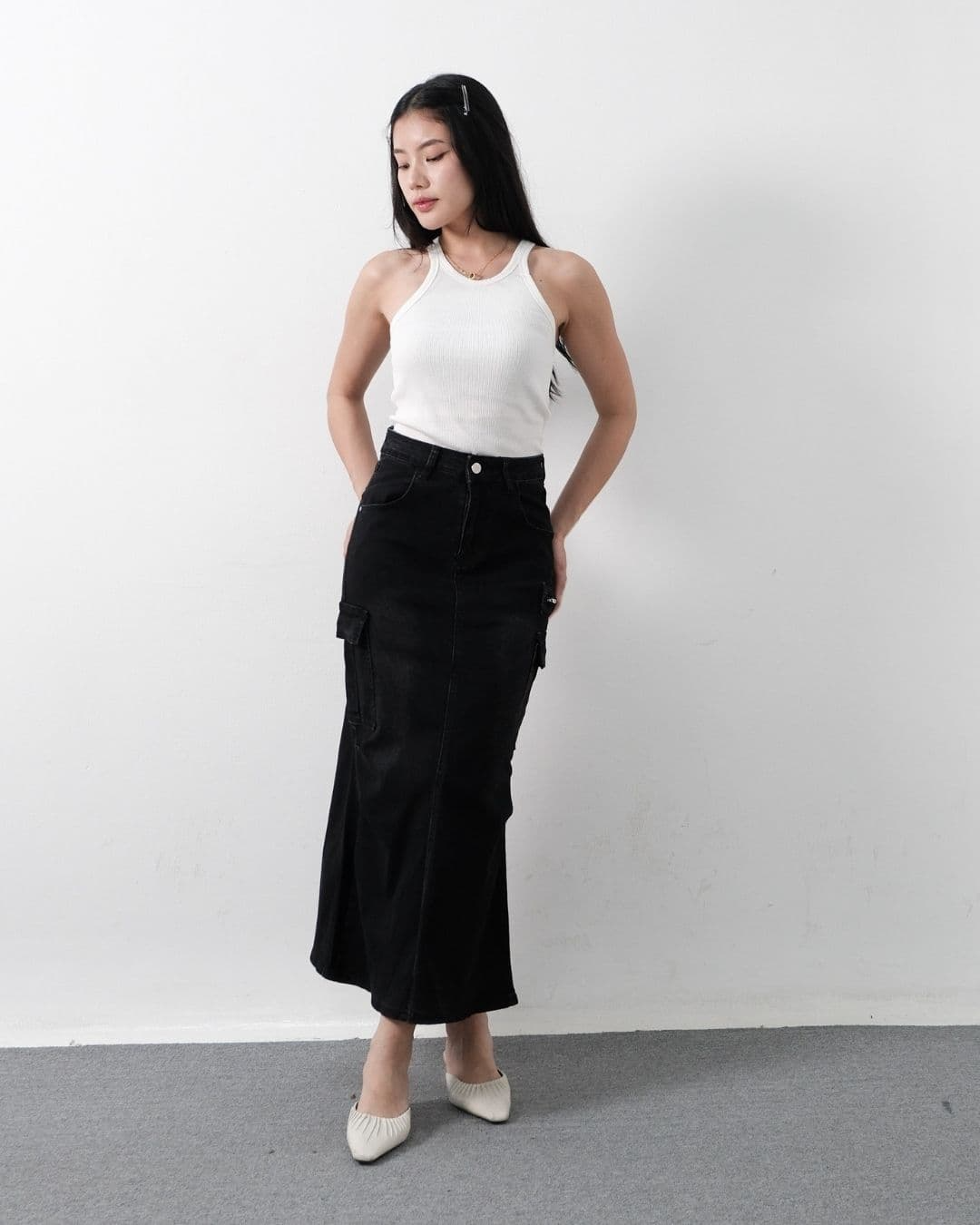 Marlin Long Cargo Denim Skirt